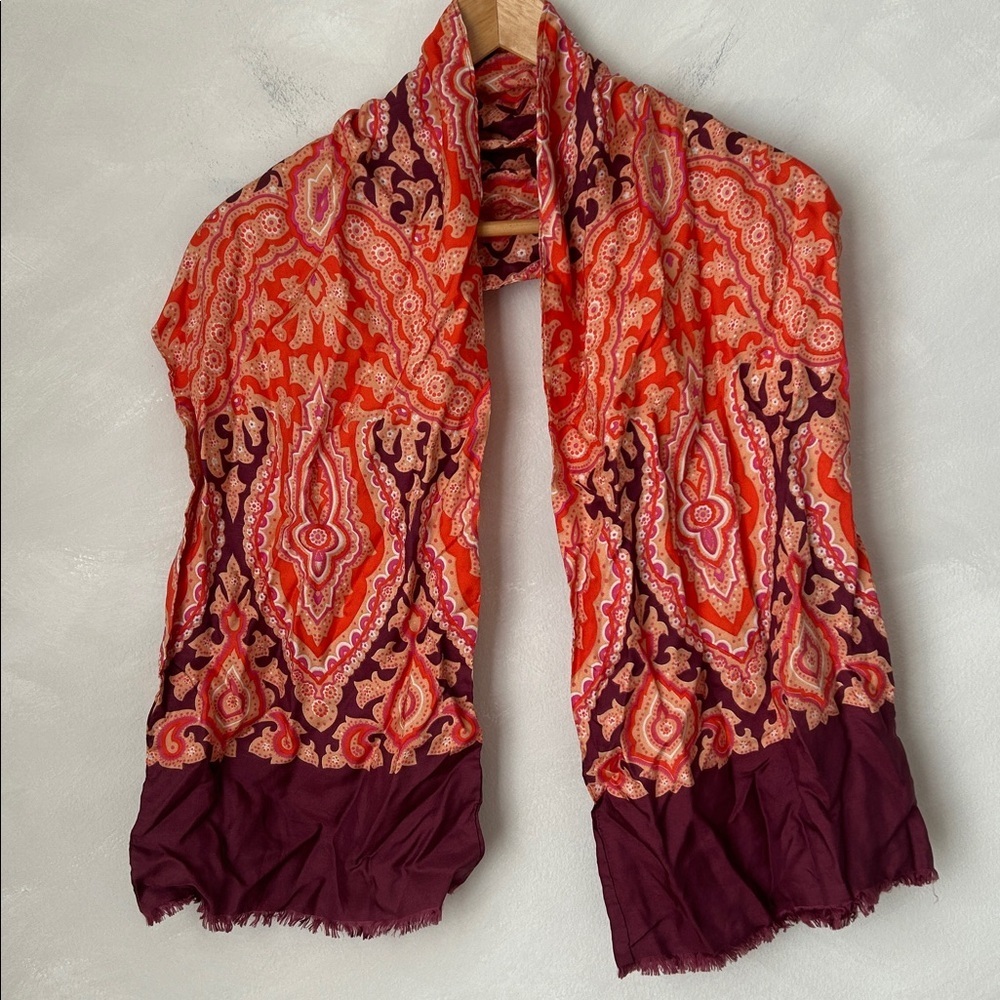 Vintage Saks Fifth Avenue Silk Scarf rectangular paisley pink purple fringe